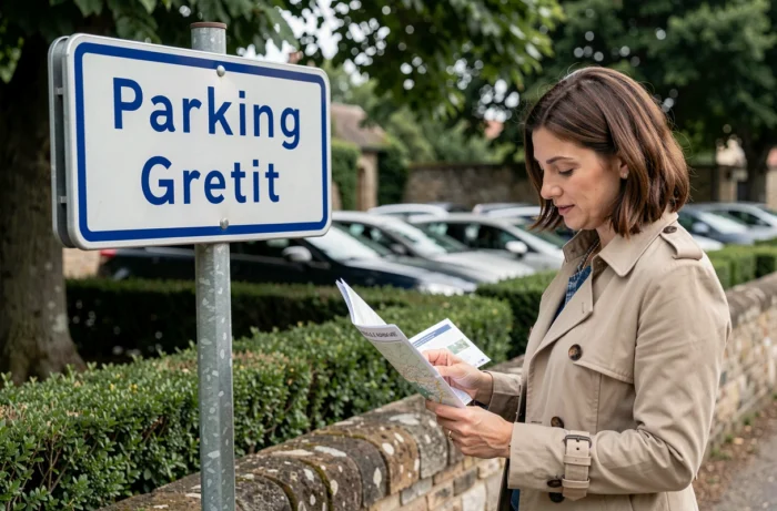 Panneau de parking gratuit à l'entrée des jardins de Chambord avec une visiteuse consultant une carte