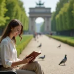 Femme assise sur un banc dans le Parc du Cinquantenaire à Bruxelles par beau temps