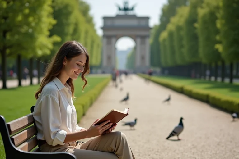 Femme assise sur un banc dans le Parc du Cinquantenaire à Bruxelles par beau temps