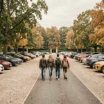 Famille se dirigeant vers l'entrée des jardins de Chambord depuis le grand parking gratuit entouré d'arbres