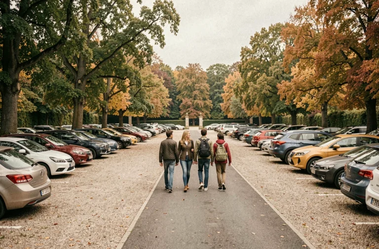 Famille se dirigeant vers l'entrée des jardins de Chambord depuis le grand parking gratuit entouré d'arbres