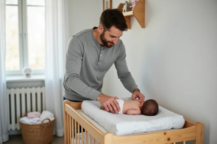 Père changeant la couche de son nouveau-né sur une table à langer en bois dans une chambre de bébé lumineuse et bien organisée