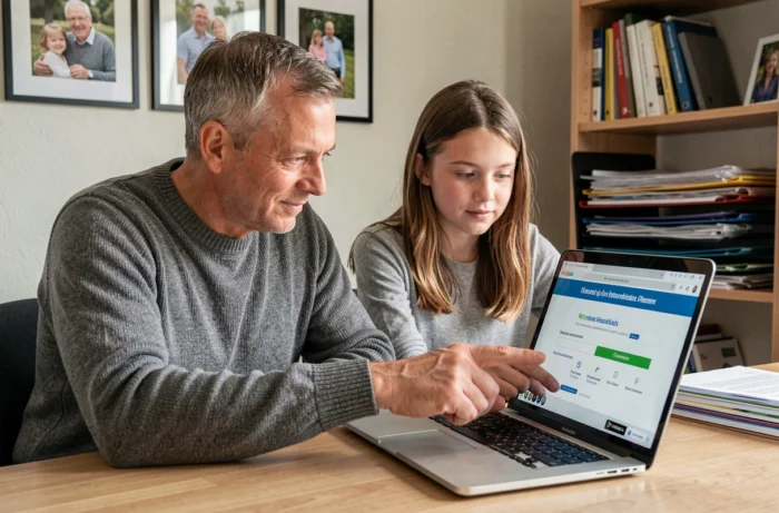 Père et fille consultant un portail retraite en ligne pour déclarer les enfants