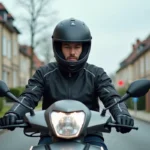Homme équipé d'un casque intégral et d'une veste moto prêt à partir sur un scooter 125cc dans une rue résidentielle française