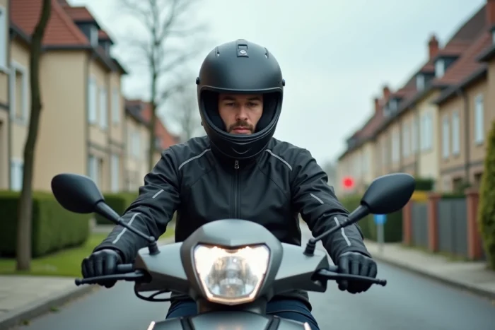 Homme équipé d'un casque intégral et d'une veste moto prêt à partir sur un scooter 125cc dans une rue résidentielle française