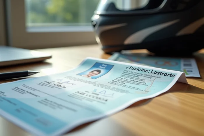 Permis de conduire français et carte grise d'un 125cc posés sur un bureau en bois avec un casque en arrière-plan flou