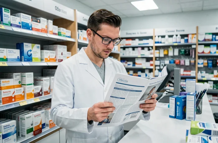 Pharmacien lisant un bulletin d'actualités santé derrière le comptoir d'une pharmacie moderne
