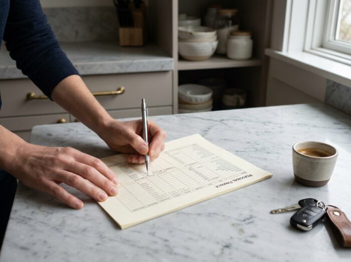 Mains annotant un tableau de budget sur un plan de travail en marbre pour préparer un achat automobile haut de gamme