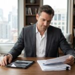 Homme en costume assis à son bureau étudiant des documents pour préparer l'achat d'une voiture de prestige