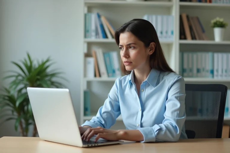 Femme enseignante face à un problème de connexion sur sa messagerie académique Orléans-Tours depuis son bureau