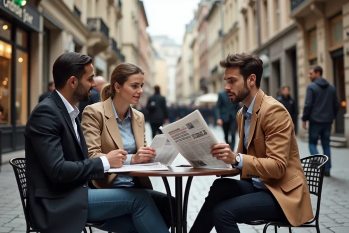 Groupe de professionnels discutant des décisions de banque centrale autour d'un journal en terrasse de café en ville européenne