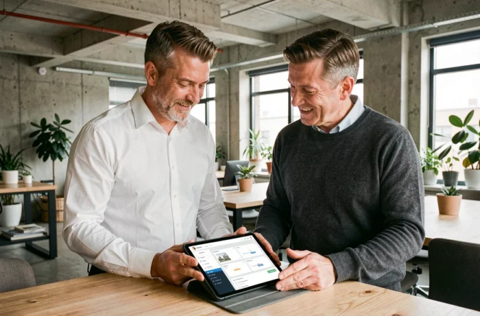Deux professionnels de l'immobilier discutant d'un logiciel promoteur autour d'une tablette dans un espace de travail collaboratif