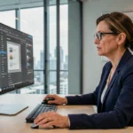 Promotrice immobilière analysant un logiciel de gestion sur son ordinateur dans un bureau moderne