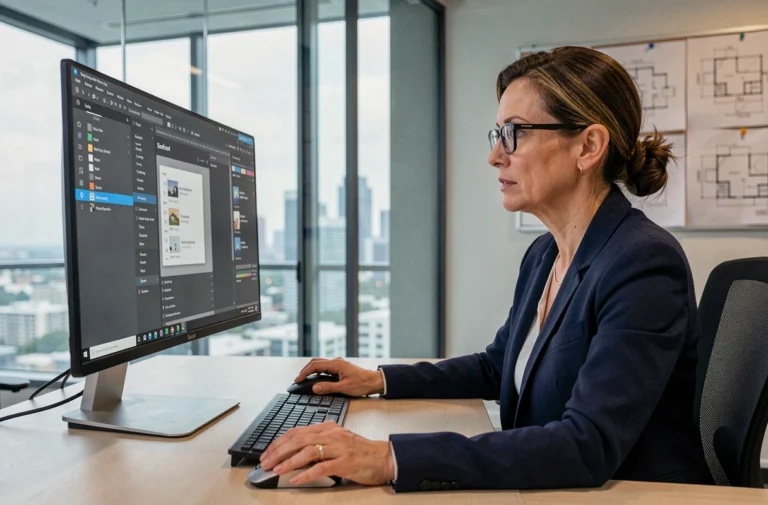 Promotrice immobilière analysant un logiciel de gestion sur son ordinateur dans un bureau moderne