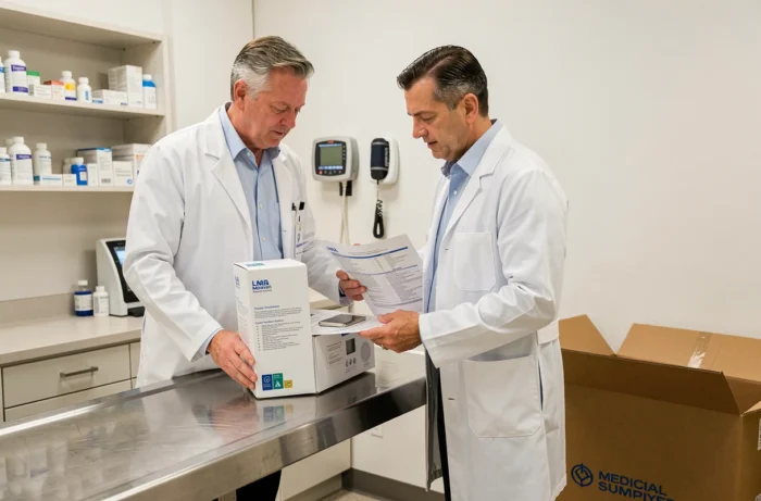 Médecin en blouse blanche qui vérifie la livraison de matériel médical commandé en ligne dans un cabinet professionnel