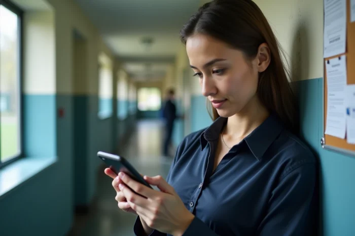 Jeune assistante scolaire consultant les instructions de récupération de mot de passe de la messagerie académique sur son smartphone