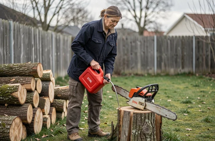 Femme faisant le plein de carburant d'une tronçonneuse Stihl dans un jardin avec des bûches