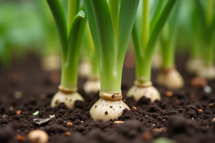 Gros plan sur des tiges de lys coupées avec de jeunes repousses vertes émergeant du sol du jardin