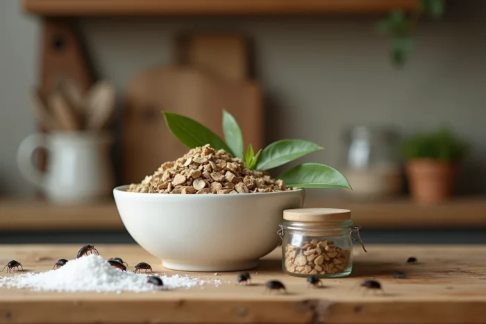Ingrédients naturels répulsifs contre les ophones posés sur un plan de travail de cuisine