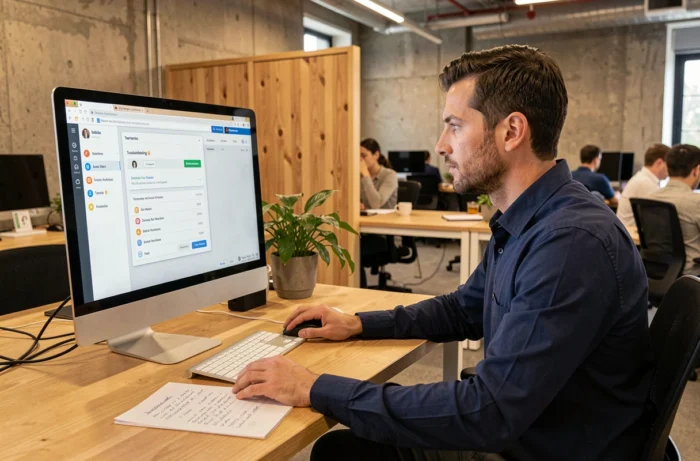 Homme résolvant un bug d'accès MyFoncia sur son ordinateur dans un espace de coworking