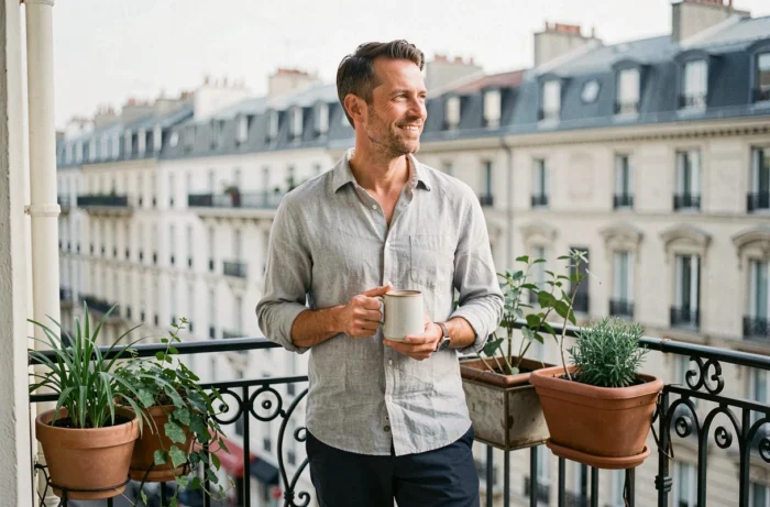 Richard Caillat en moment de détente sur son balcon parisien, côté personnel et intime de l'entrepreneur