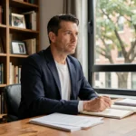 Richard Caillat dans son bureau privé, homme d'affaires posé et réfléchi entouré de livres et de photos de famille