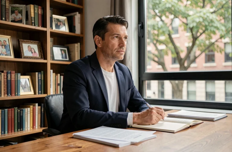 Richard Caillat dans son bureau privé, homme d'affaires posé et réfléchi entouré de livres et de photos de famille