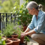 Senior femme aux cheveux argentés qui jardine sur un balcon fleuri pour prendre soin de sa santé au quotidien