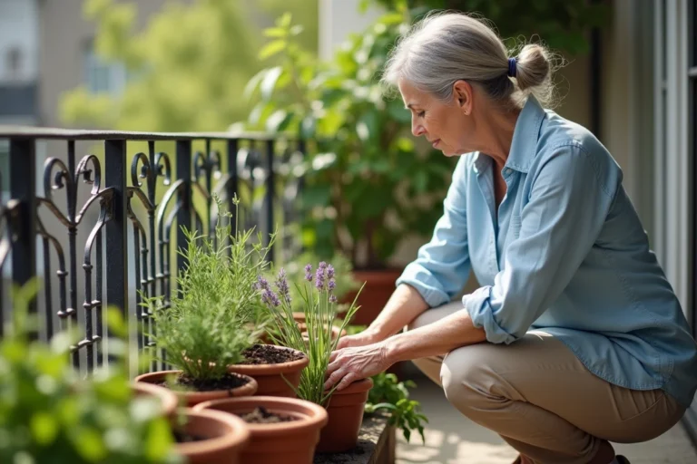 Senior femme aux cheveux argentés qui jardine sur un balcon fleuri pour prendre soin de sa santé au quotidien