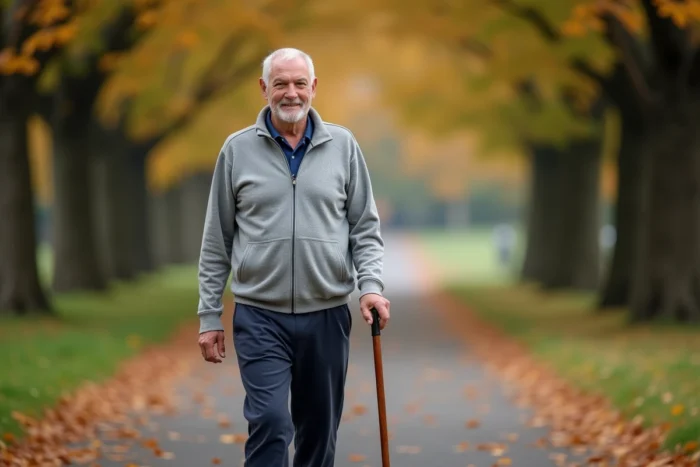 Senior homme marchant dans un parc en automne pour maintenir sa forme physique et son bien-être