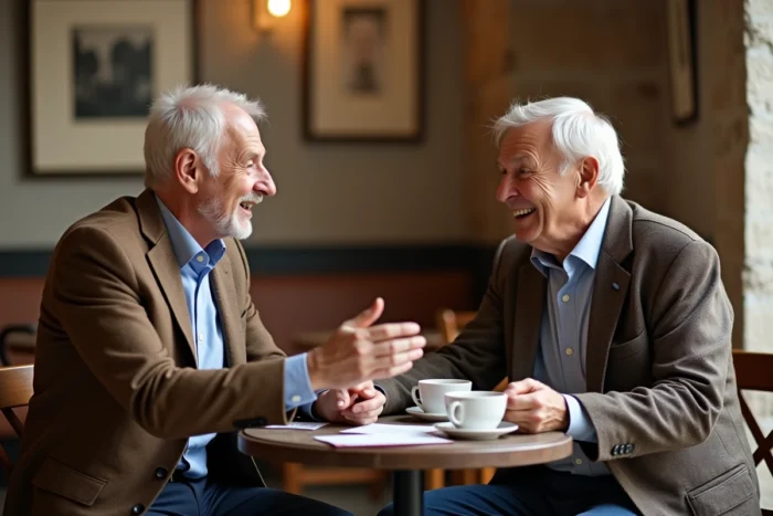 Deux seniors parisiens discutant après une activité culturelle Quintonic dans un café du centre de Paris