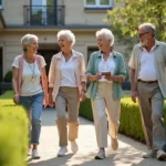 Groupe de seniors dynamiques participant à une sortie Quintonic Paris dans un cadre verdoyant près d'un centre bien-être parisien