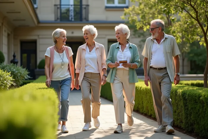 Groupe de seniors dynamiques participant à une sortie Quintonic Paris dans un cadre verdoyant près d'un centre bien-être parisien