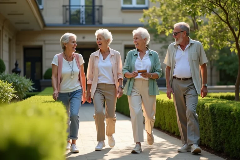 Groupe de seniors dynamiques participant à une sortie Quintonic Paris dans un cadre verdoyant près d'un centre bien-être parisien