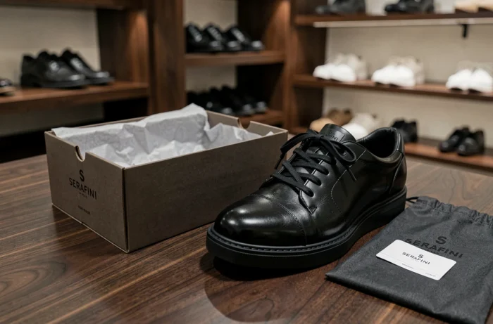 Baskets compensées Serafini en cuir noir luisant avec boîte de luxe et pochette sur surface en noyer dans une boutique italienne