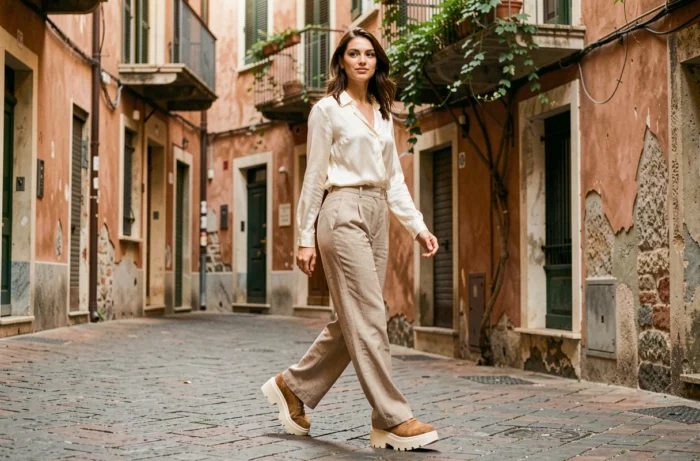 Femme portant des baskets compensées Serafini en daim camel dans une rue pavée italienne avec tenue chic estivale