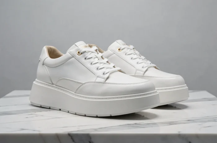 Baskets compensées de luxe Serafini en cuir blanc sur marbre de Carrare, détails couture et semelle épaisse sculptée