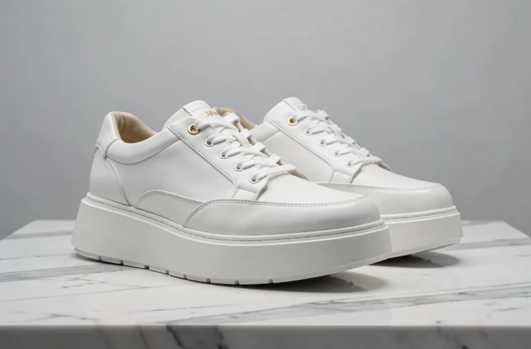 Baskets compensées de luxe Serafini en cuir blanc sur marbre de Carrare, détails couture et semelle épaisse sculptée