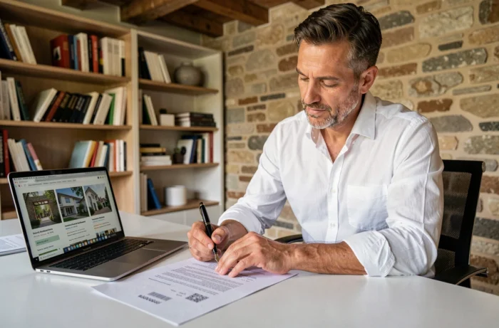 Propriétaire signant un contrat d'achat immobilier dans un appartement rénové à Toulon