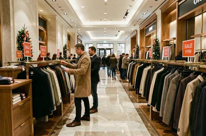 Couple en train de faire du shopping dans un grand magasin londonien pendant les soldes d'hiver avec des étiquettes de réduction sur les vêtements