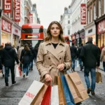 Femme faisant du shopping lors des soldes à Londres sur Oxford Street avec des sacs de courses et des enseignes de vente en arrière-plan