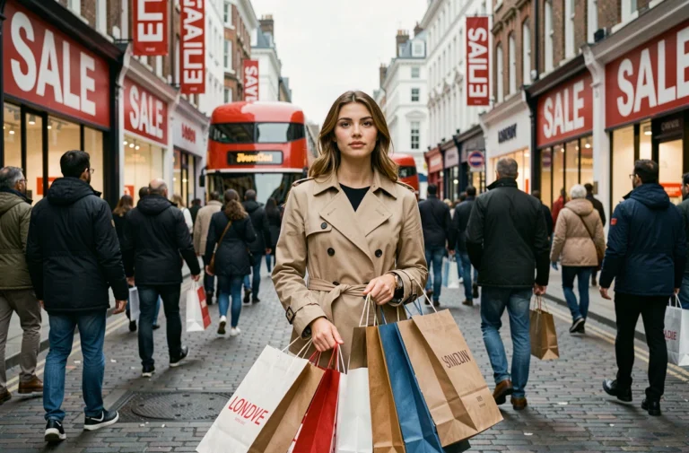 Femme faisant du shopping lors des soldes à Londres sur Oxford Street avec des sacs de courses et des enseignes de vente en arrière-plan