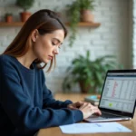 Femme analysant une stratégie SEO longue traîne sur un ordinateur portable dans un bureau à domicile moderne