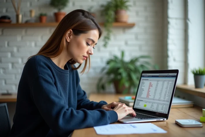 Femme analysant une stratégie SEO longue traîne sur un ordinateur portable dans un bureau à domicile moderne