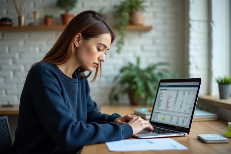Femme analysant une stratégie SEO longue traîne sur un ordinateur portable dans un bureau à domicile moderne