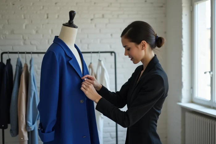Styliste professionnelle travaillant sur une robe bleue structurée dans un atelier parisien