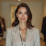 Styliste de télévision ajustant la tenue élégante d'une présentatrice dans les coulisses d'un studio TV