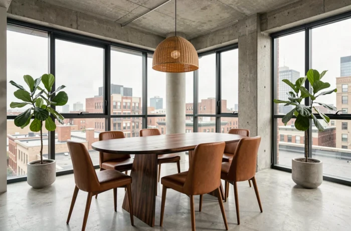 Table à manger ovale en noyer et chaises en cuir cognac dans un loft urbain au style mid-century modern