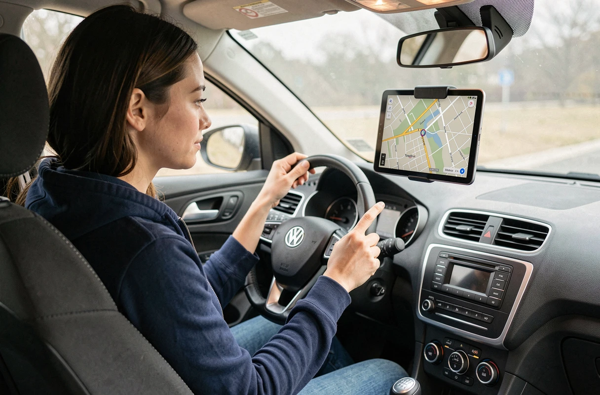 Femme utilisant l'interface CarPlay sur une tablette Android fixée au pare-brise d'une voiture