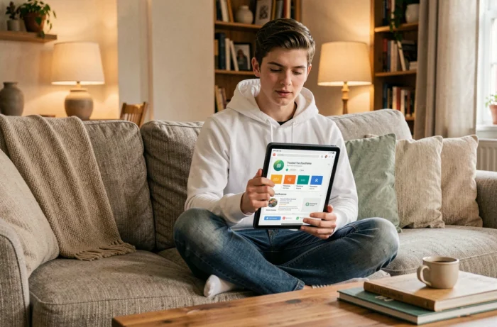 Jeune adulte téléchargeant une application en toute simplicité sur une tablette dans un salon confortable